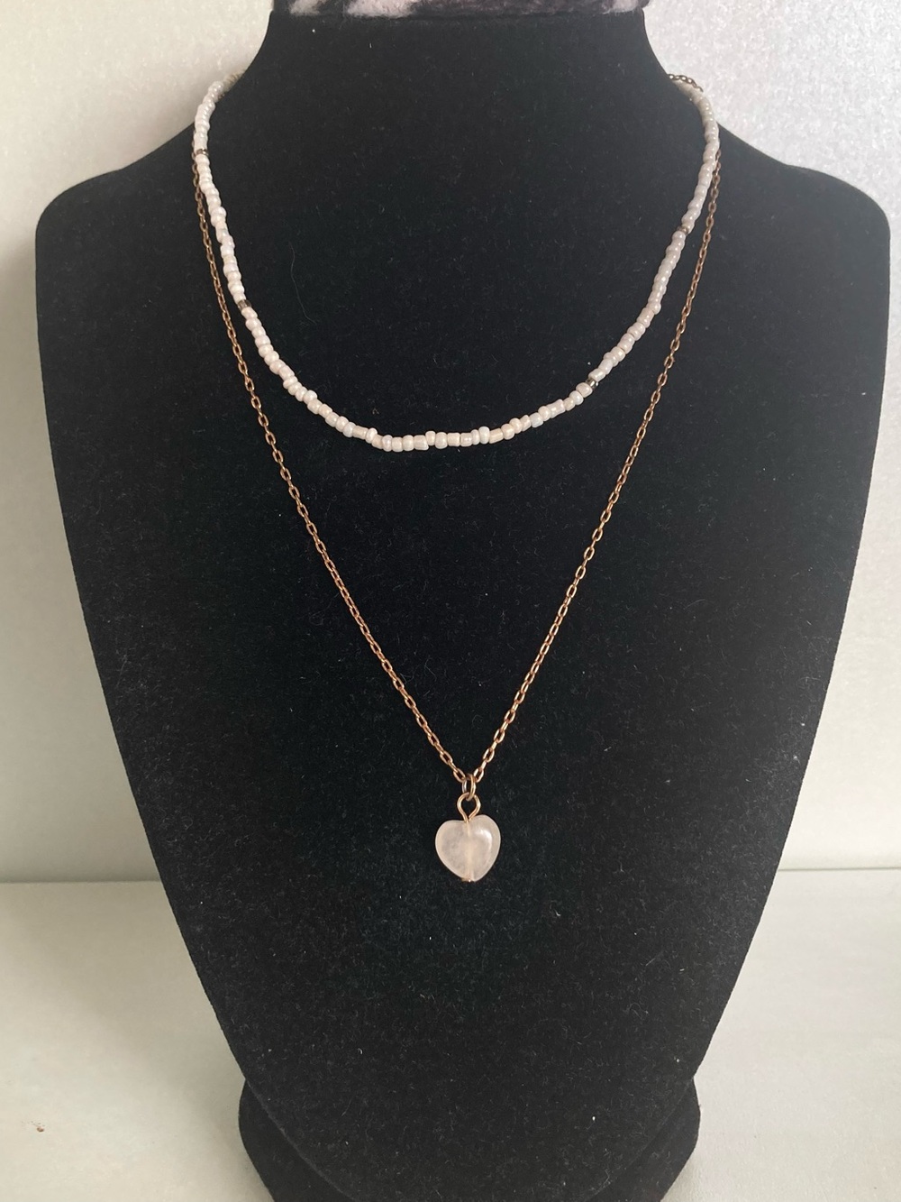 Two-Layer White Bead and Gold tone chain Heart Pendant Necklace dainty jewelry